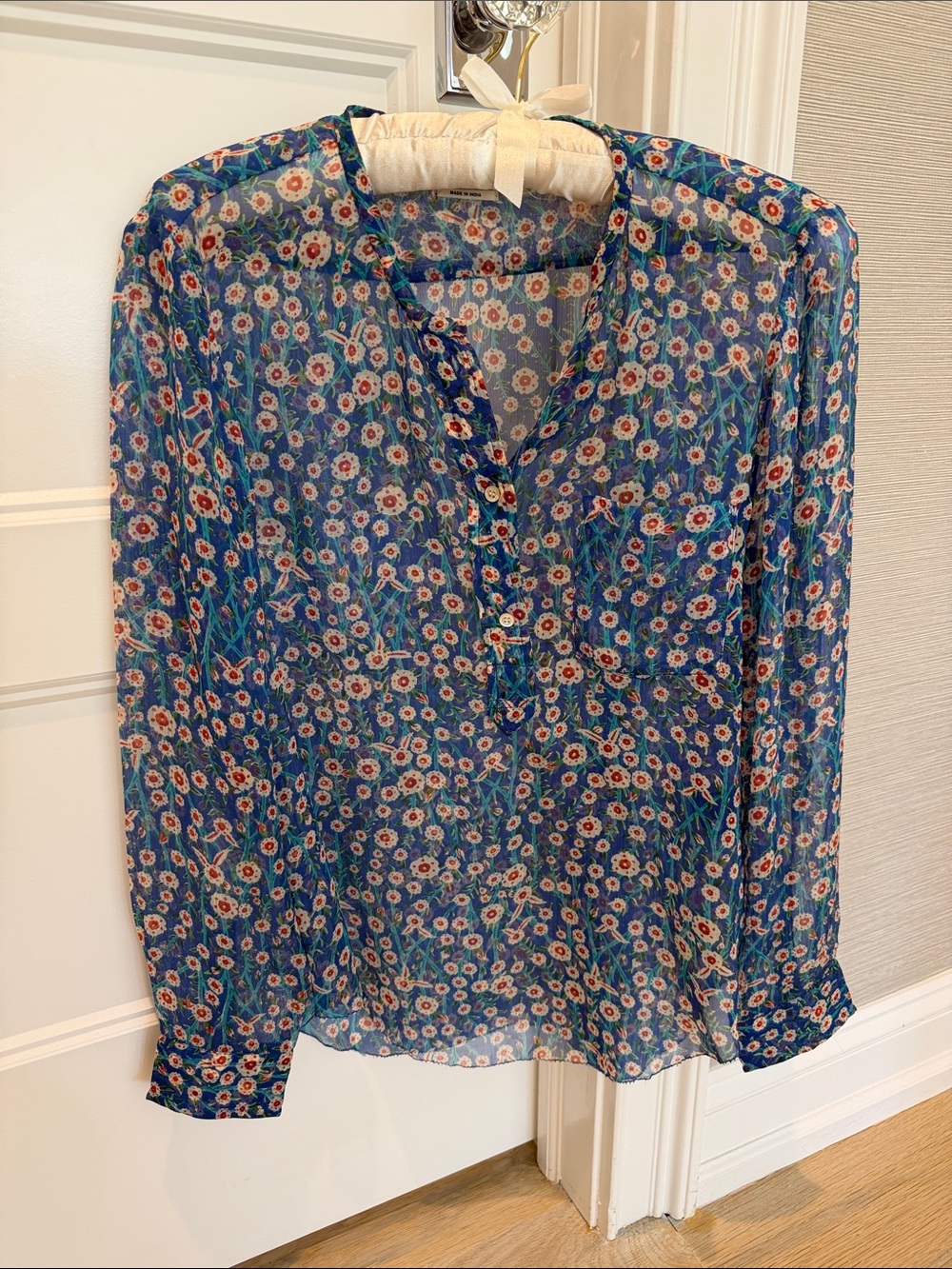 Isabel Marant Navy Blue Floral Sheer Button-Front Blouse